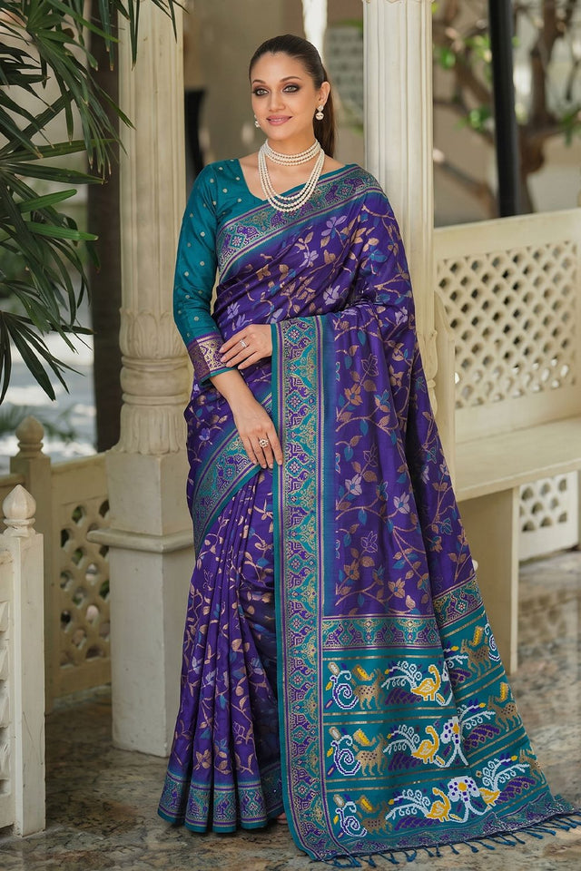 Blue Floral Woven Silk Saree (ACB2600)