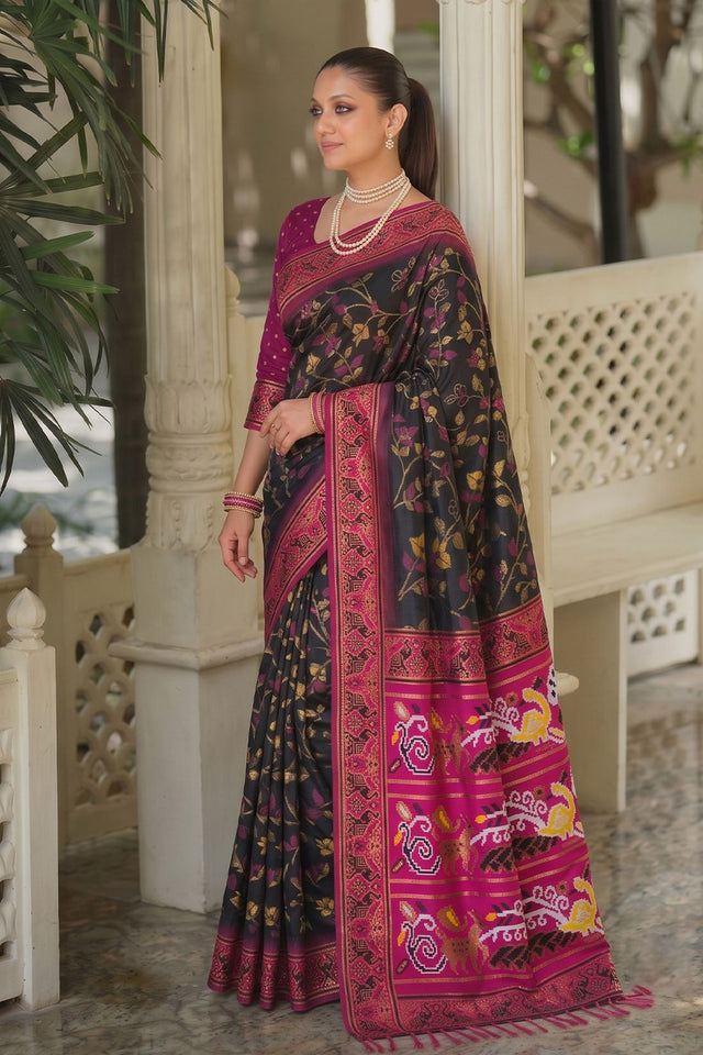Black Floral Woven Silk Saree (ACB2601)