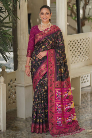 Black Floral Woven Silk Saree (ACB2601)