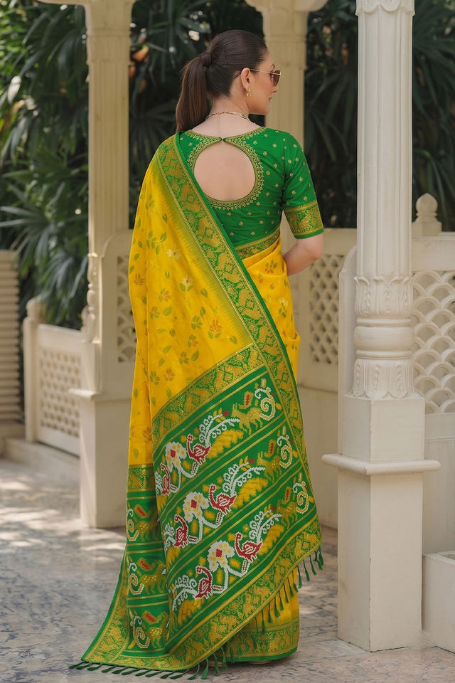 Yellow Floral Woven Silk Saree (ACB2602)