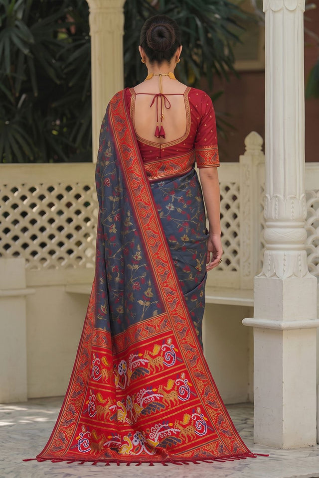 Grey Floral Woven Silk Saree (ACB2606)