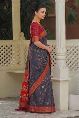 Grey Floral Woven Silk Saree (ACB2606)