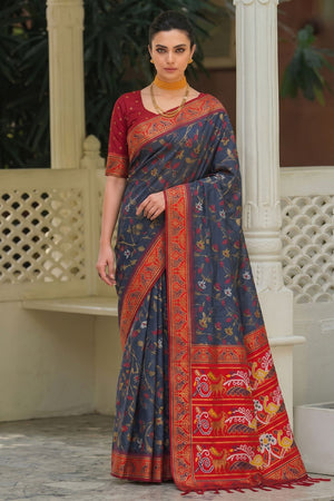 Grey Floral Woven Silk Saree (ACB2606)