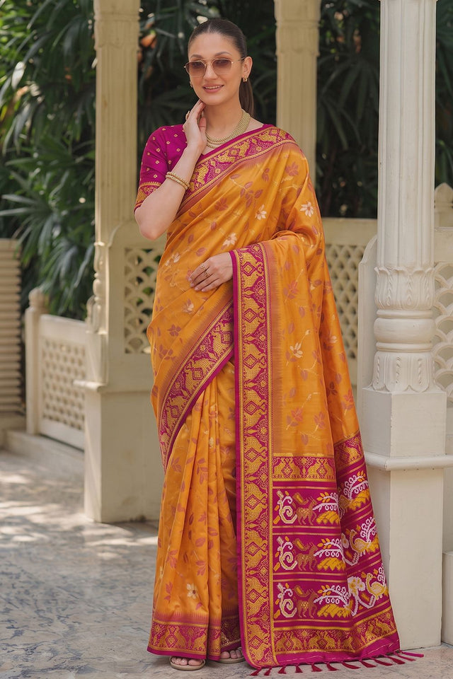 Orange Floral Woven Silk Saree (ACB2607)