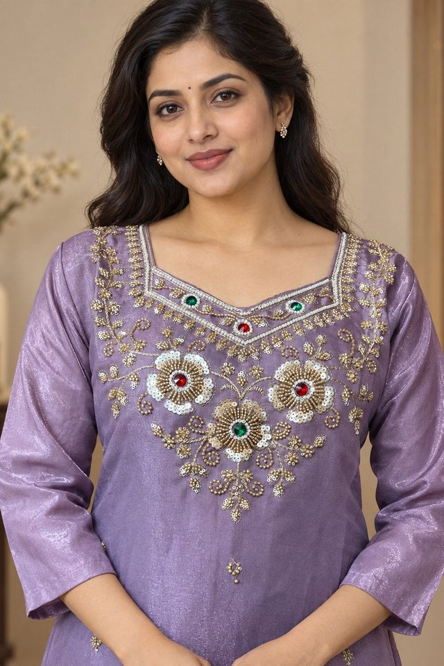 Lavender Beads & Stone Work Silk Palazzo Suit (ACB2608)
