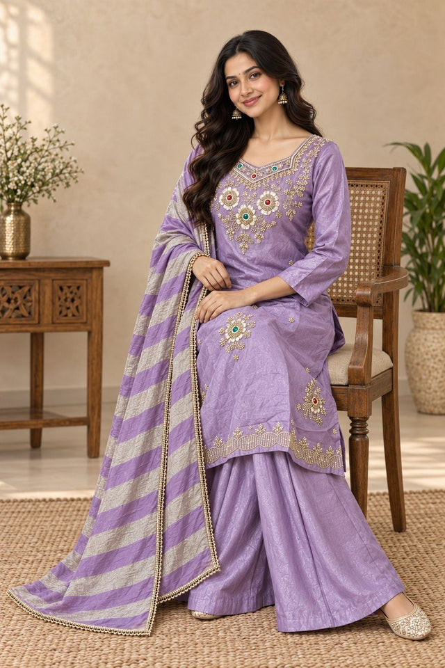 Lavender Beads & Stone Work Silk Palazzo Suit (ACB2608)