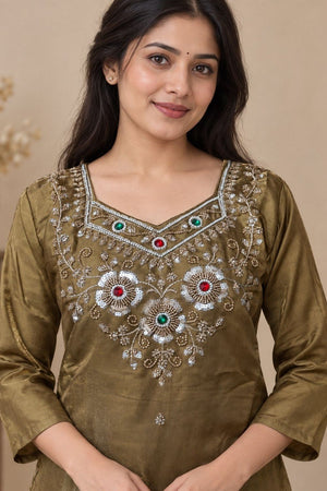 Beige Beads & Stone Work Silk Palazzo Suit (ACB2609)