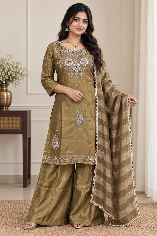 Beige Beads & Stone Work Silk Palazzo Suit (ACB2609)