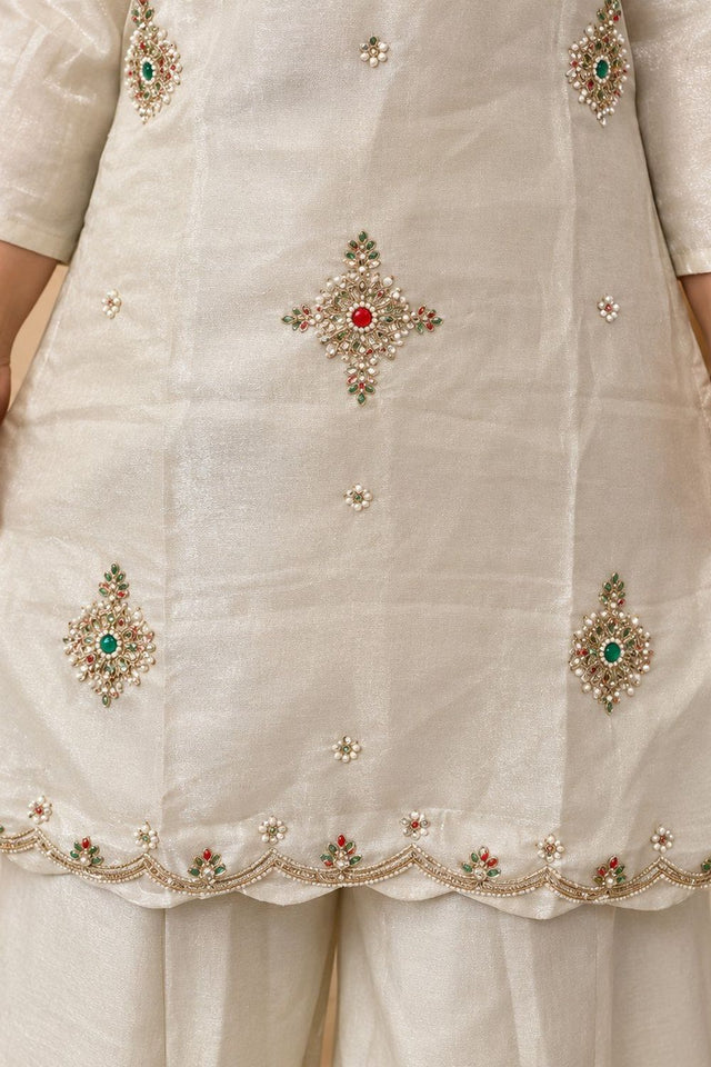 Off White Beads & Stone Work Silk Palazzo Suit (ACB2610)