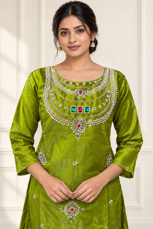 Green Beads & Stone Work Silk Palazzo Suit (ACB2611)