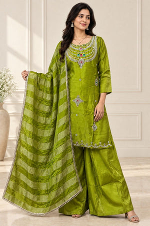 Green Beads & Stone Work Silk Palazzo Suit (ACB2611)