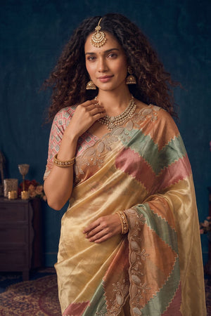 Beige Beads Embossed Organza Saree (ACB2615)
