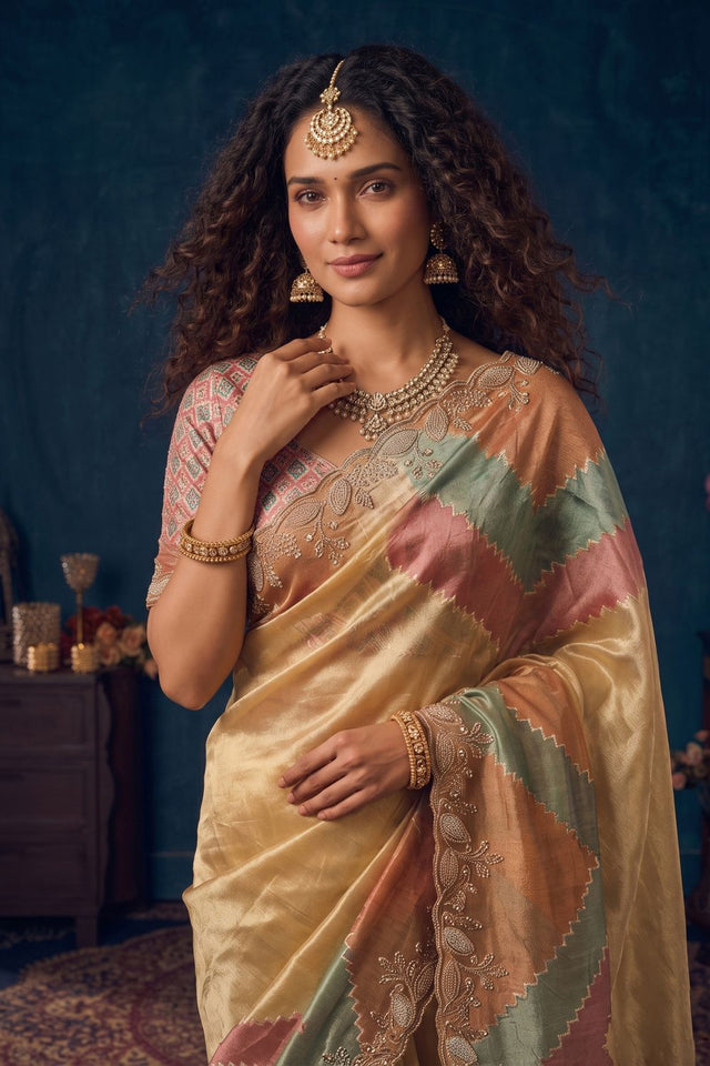 Beige Beads Embossed Organza Saree (ACB2615)