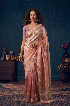 Pink Beads Embossed Organza Saree (ACB2617)