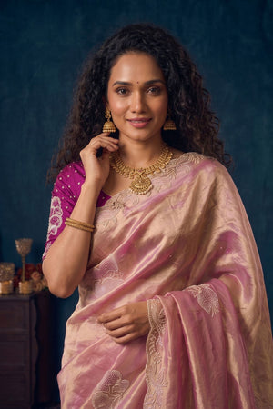 Pink Beads Embossed Organza Saree (ACB2619)