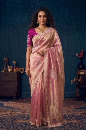 Pink Beads Embossed Organza Saree (ACB2619)