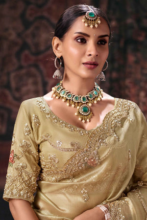 Beige Beads & Stone Work Kanjivaram Silk Saree (ACB2620)