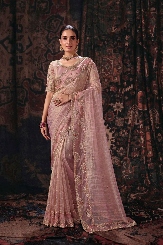 Pink Beads & Stone Work Linen Saree (ACB2621)