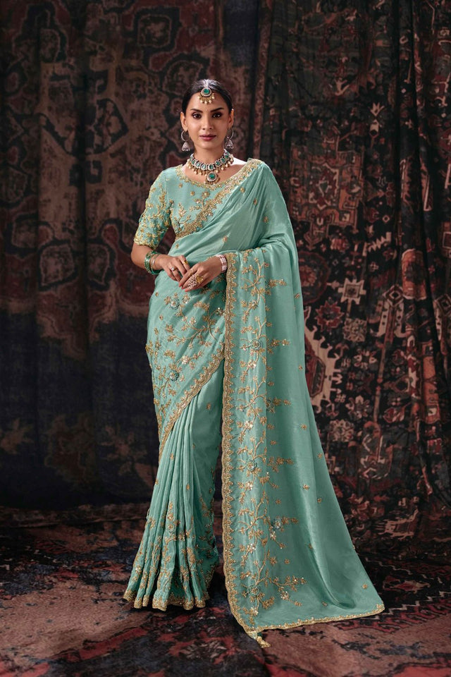 Blue Beads & Stone Work Tissue Saree (ACB2622)