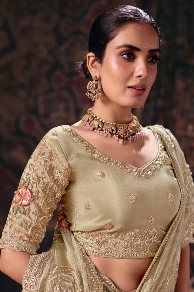 Brown Beads & Stone Work Linen Saree (ACB2623)