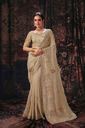 Brown Beads & Stone Work Linen Saree (ACB2623)