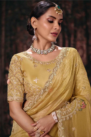 Yellow Beads & Stone Work Silk Blend Saree (ACB2625)