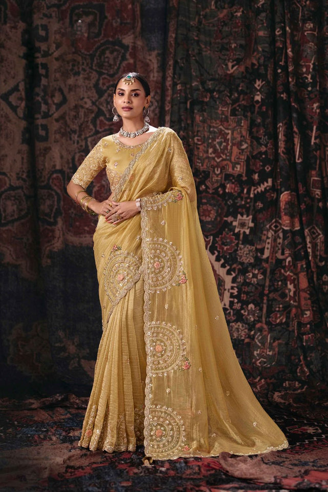 Yellow Beads & Stone Work Silk Blend Saree (ACB2625)
