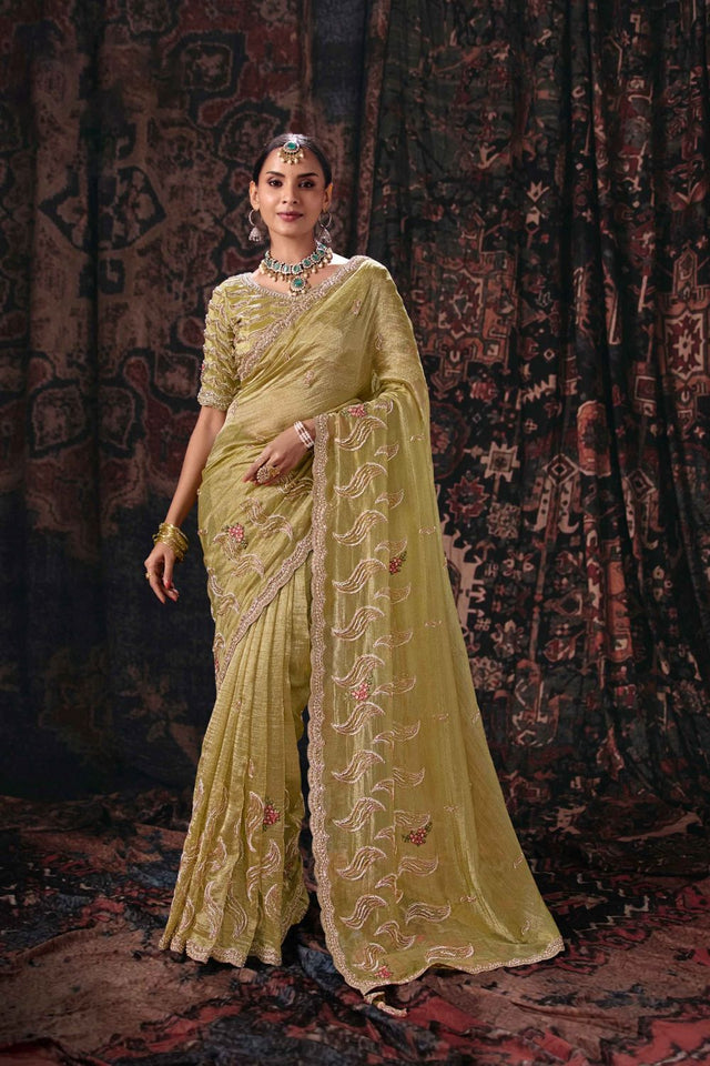Green Beads & Stone Work Silk Blend Saree (ACB2627)