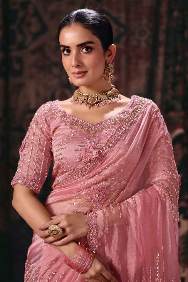 Pink Beads & Stone Work Silk Saree (ACB2628)