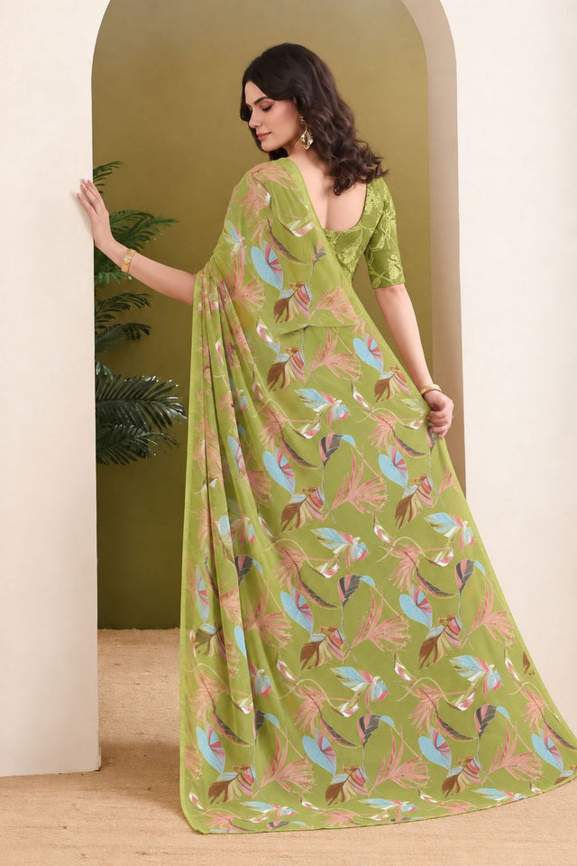Mehendi Printed Georgette Ready To Wear Saree (ACB2631)