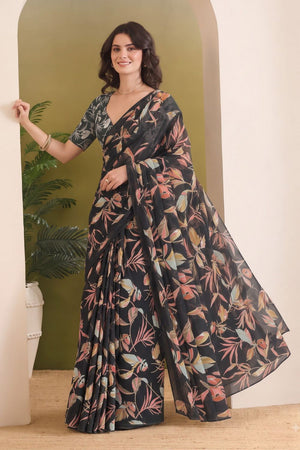 Black Printed Georgette Ready To Wear Saree (ACB2632)