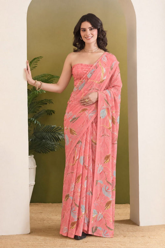 Peach Printed Georgette Ready To Wear Saree (ACB2633)