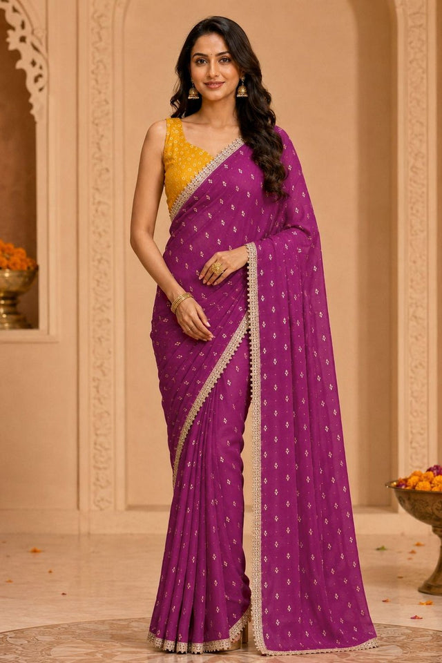 Wine Printed Georgette Ready To Wear Saree (ACB2637)