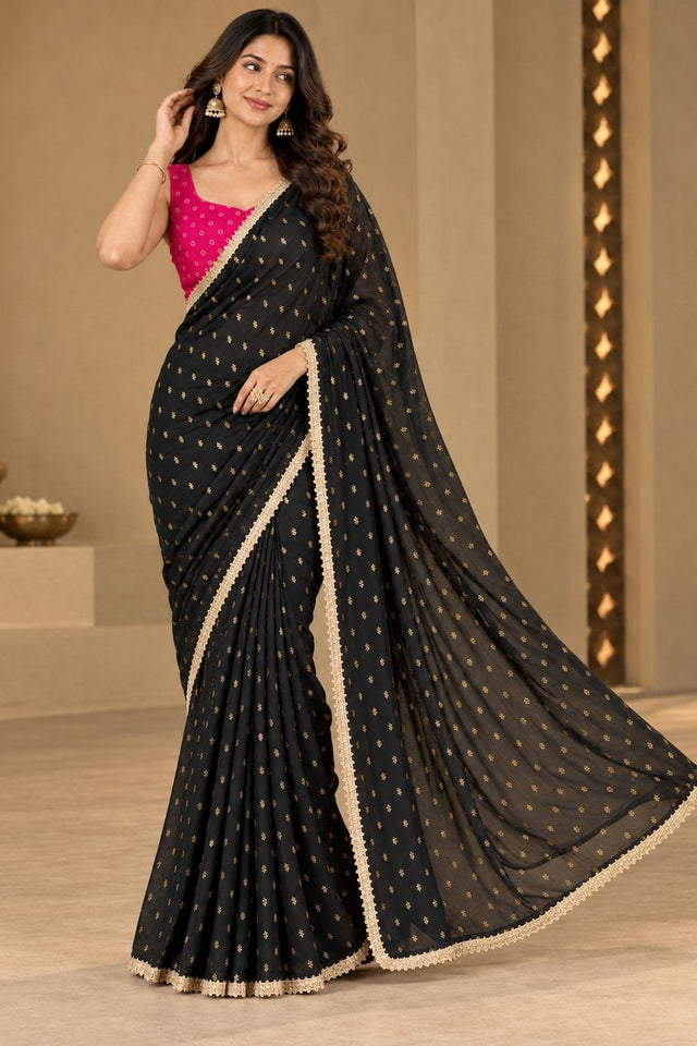 Black Printed Georgette Ready To Wear Saree (ACB2638)