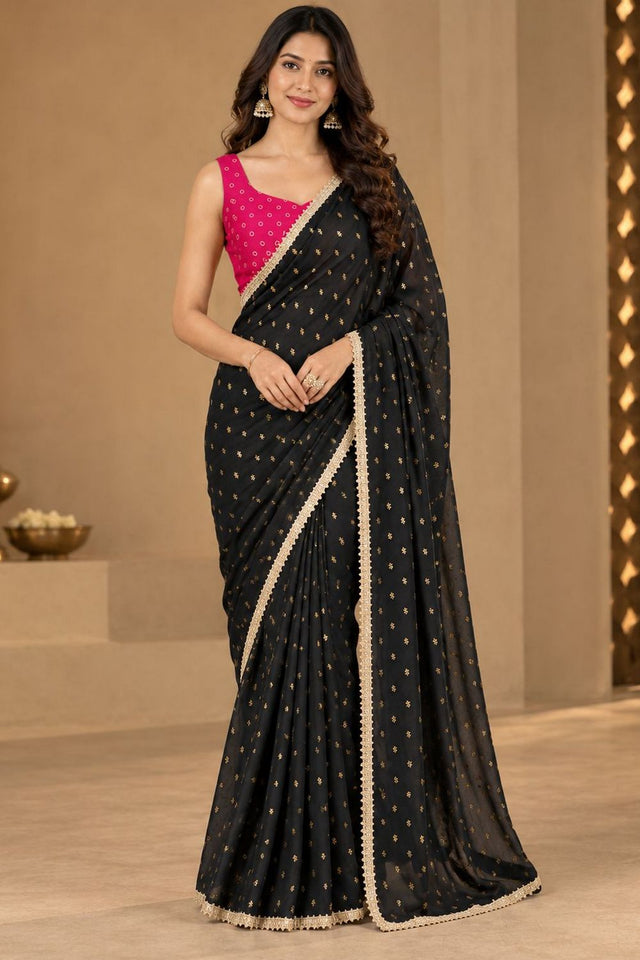Black Printed Georgette Ready To Wear Saree (ACB2638)