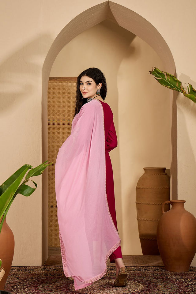 Red Sequin with Embroidered Silk Straight Cut Suit (ACB2639)