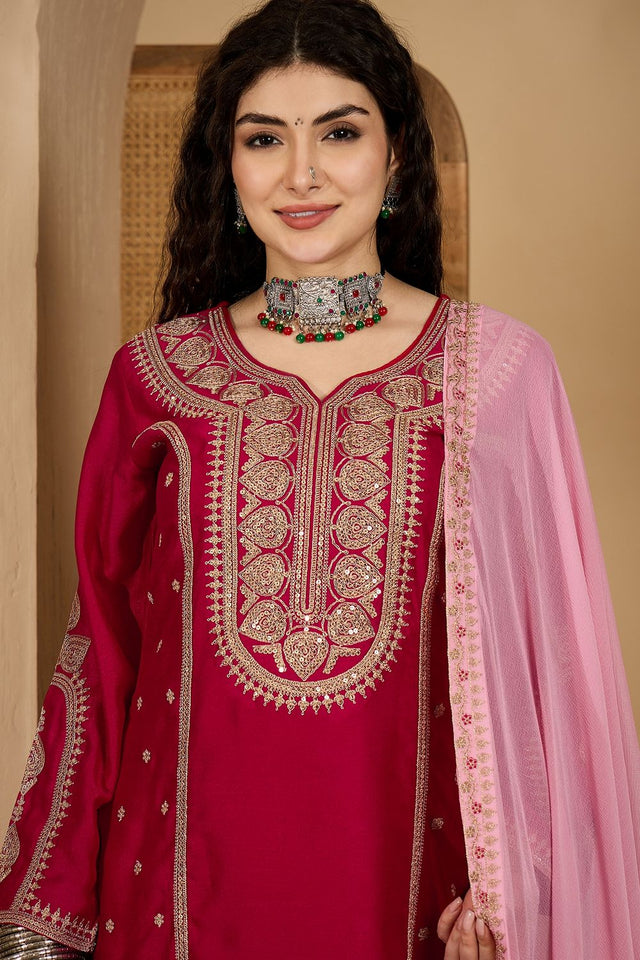Red Sequin with Embroidered Silk Straight Cut Suit (ACB2639)