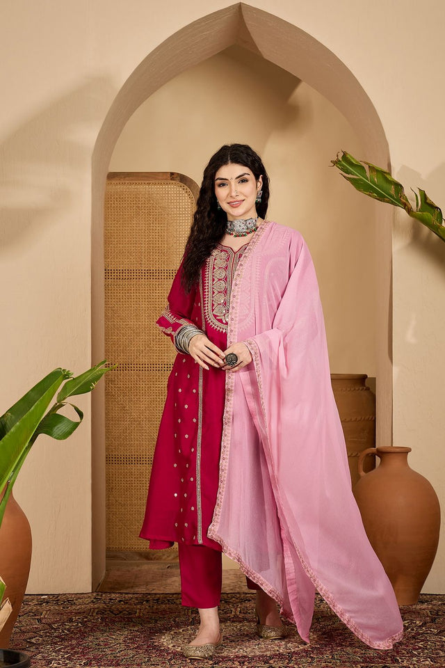 Red Sequin with Embroidered Silk Straight Cut Suit (ACB2639)