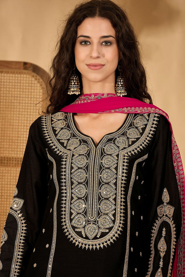 Black Sequin with Embroidered Silk Straight Cut Suit (ACB2641)
