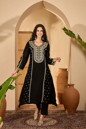 Black Sequin with Embroidered Silk Straight Cut Suit (ACB2641)