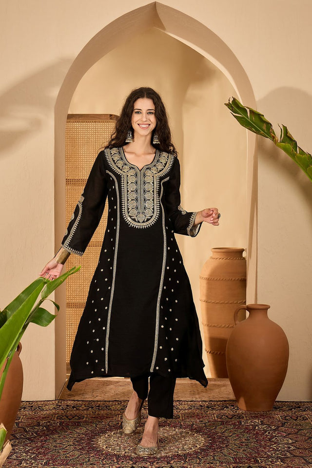 Black Sequin with Embroidered Silk Straight Cut Suit (ACB2641)