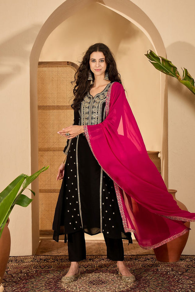 Black Sequin with Embroidered Silk Straight Cut Suit (ACB2641)