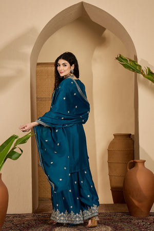 Turquoise Floral Embroidered Chinon Palazzo Suit (ACB2642)