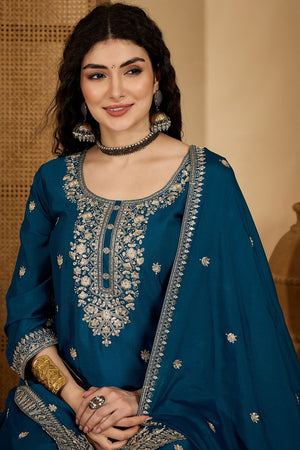 Turquoise Floral Embroidered Chinon Palazzo Suit (ACB2642)
