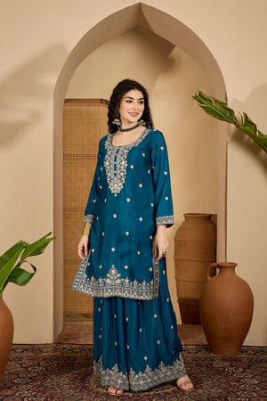 Turquoise Floral Embroidered Chinon Palazzo Suit (ACB2642)