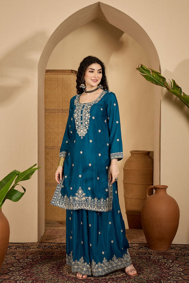 Turquoise Floral Embroidered Chinon Palazzo Suit (ACB2642)