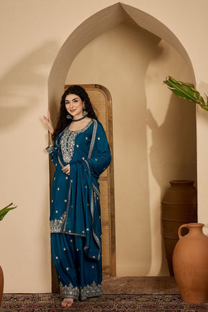 Turquoise Floral Embroidered Chinon Palazzo Suit (ACB2642)