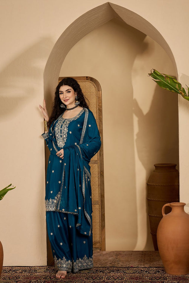 Turquoise Floral Embroidered Chinon Palazzo Suit (ACB2642)