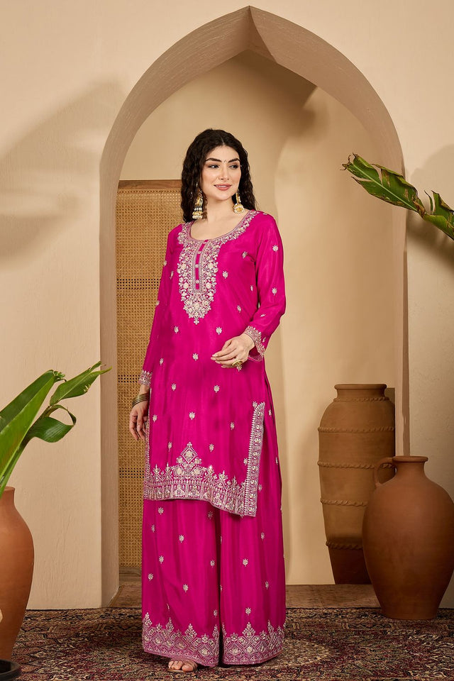 Pink Floral Embroidered Chinon Palazzo Suit (ACB2643)