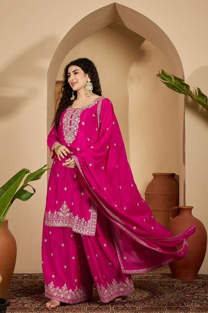Pink Floral Embroidered Chinon Palazzo Suit (ACB2643)